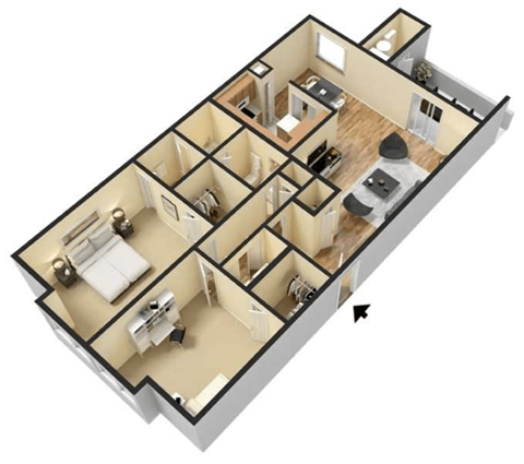 Floor plan for 2 beds, 1.5 baths, 1008 sqft